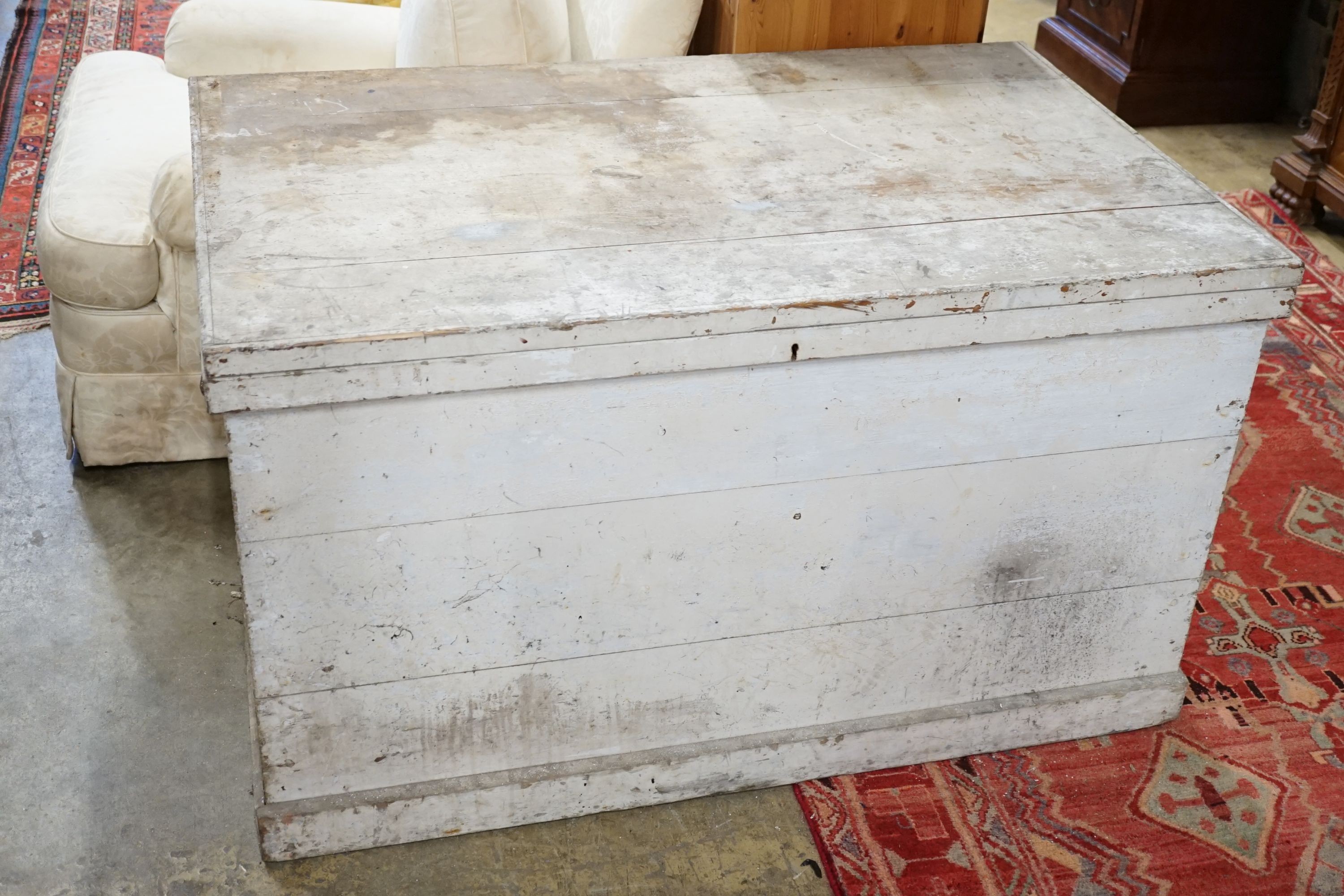 A large Victorian white painted pine trunk, length 123cm, depth 78cm, height 71cm